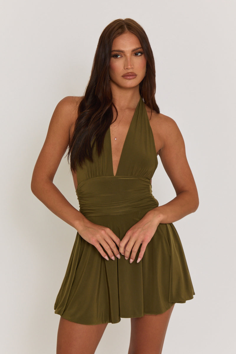 PIPPA MINI DRESS – KHAKI HALTER PLUNGE NECK