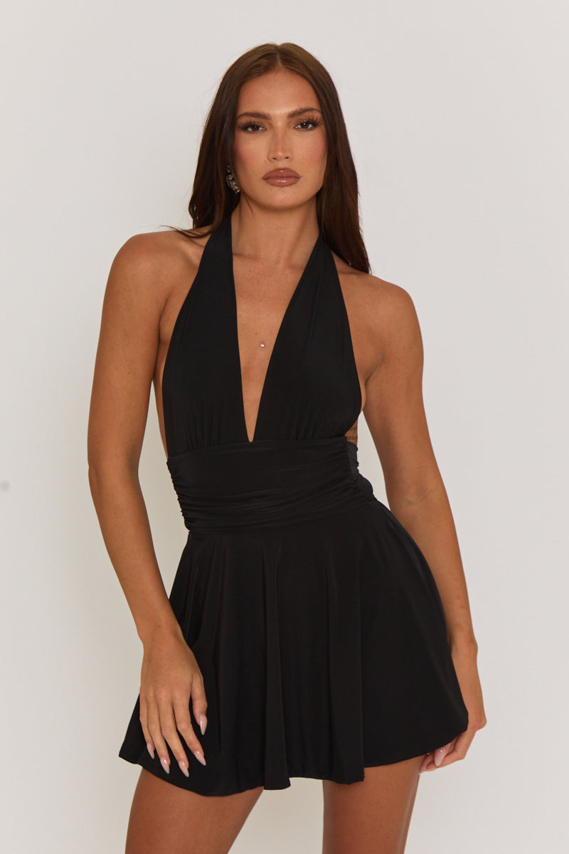 PIPPA MINI DRESS – BLACK HALTER PLUNGE NECK