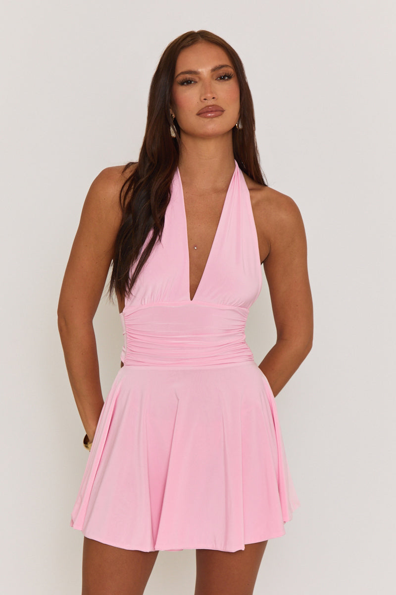 PIPPA MINI DRESS – PINK HALTER PLUNGE NECK