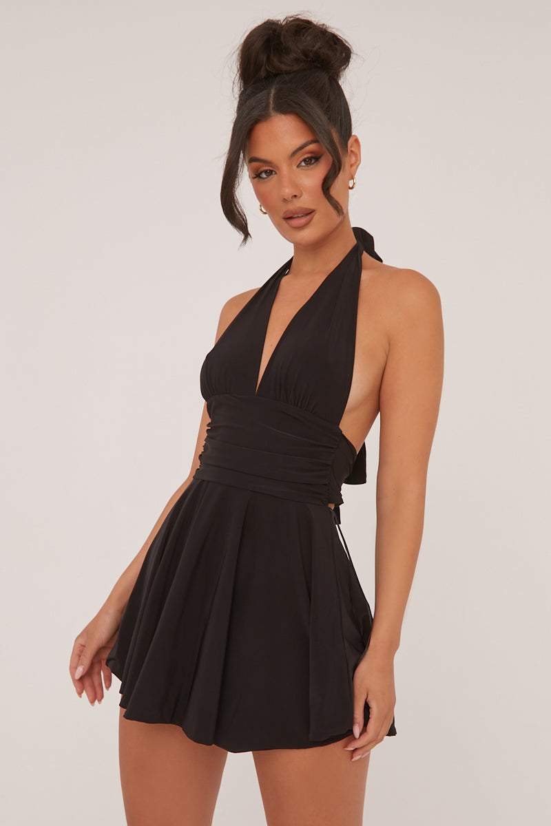 PIPPA MINI DRESS – BLACK HALTER PLUNGE NECK