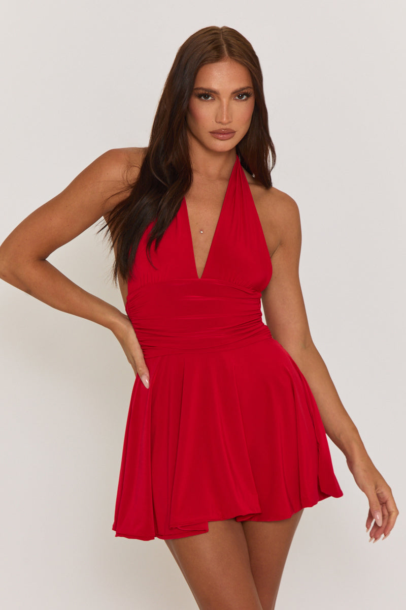PIPPA MINI DRESS – RED HALTER PLUNGE NECK