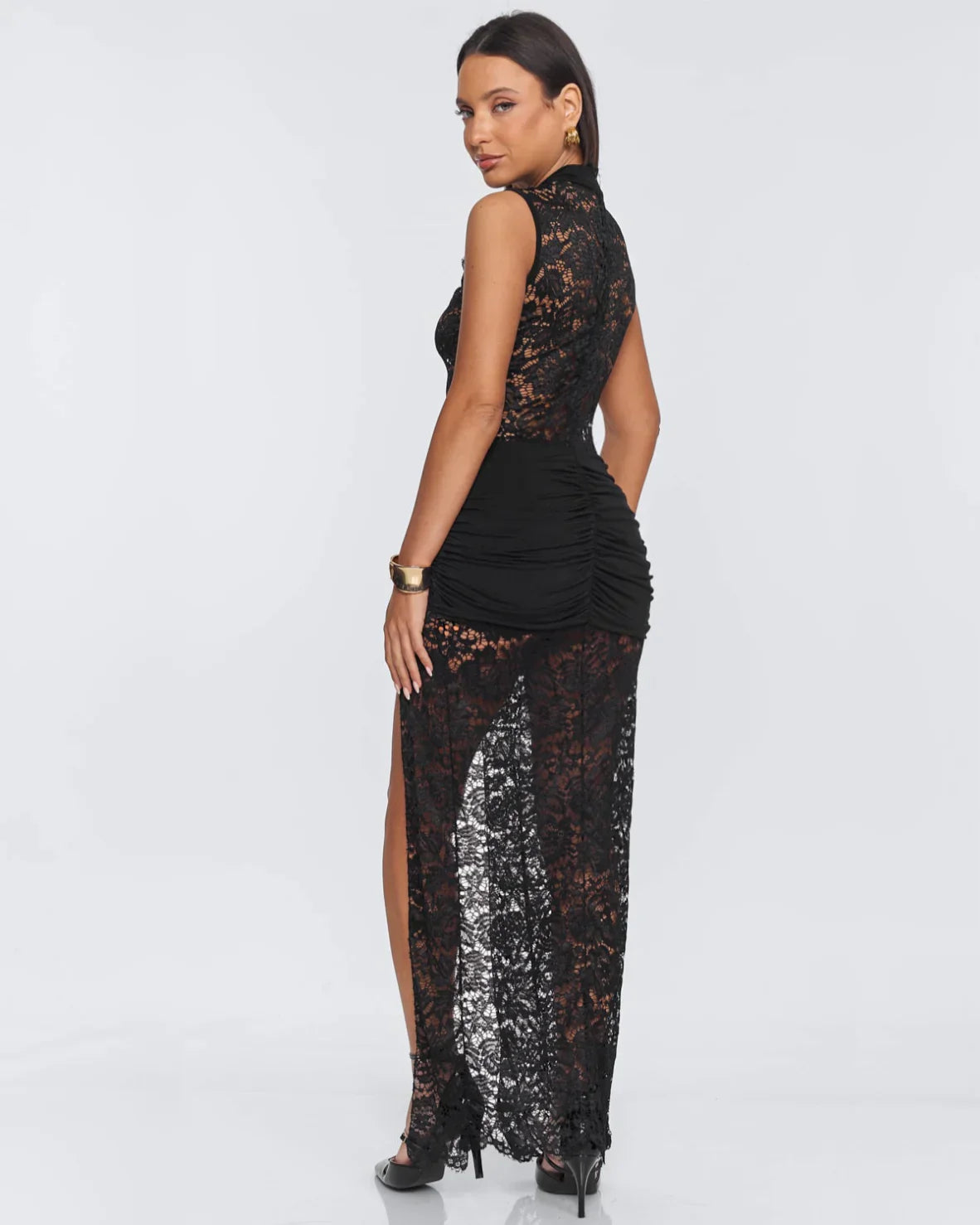 SECRET Thigh-High Slit Lace Maxi Dress